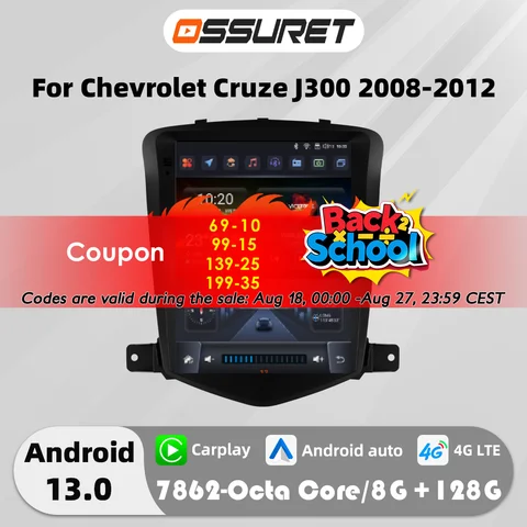 9.7"7862 Android 13 Car radio for Chevrolet Cruze J300 2008-2012 Tesla style Multimedia Video player 4G Carplay GPS navi Stereo