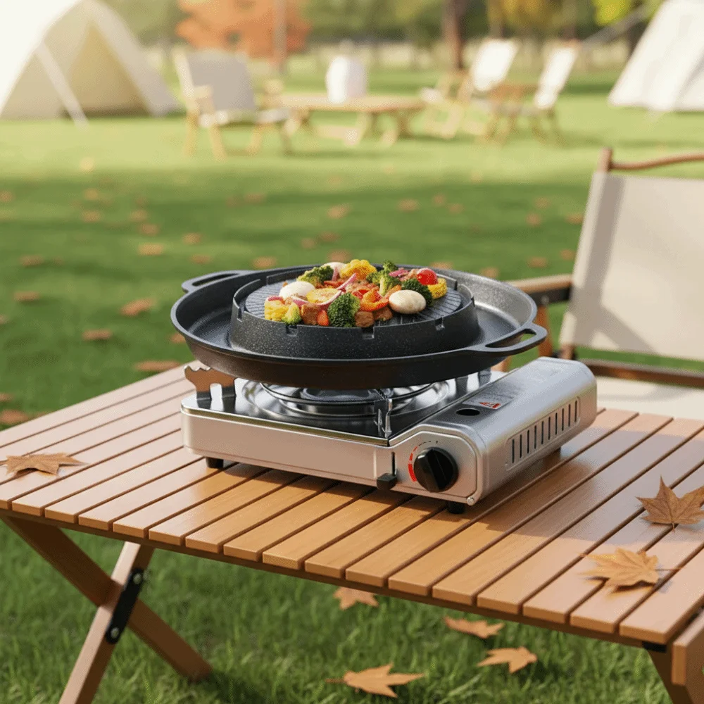 Non-stick Coating Korean Grill Pan Aluminum Alloy Double-handled Barbecue Plate Oil-drain Groove Round Roast Meat Pan Picnic