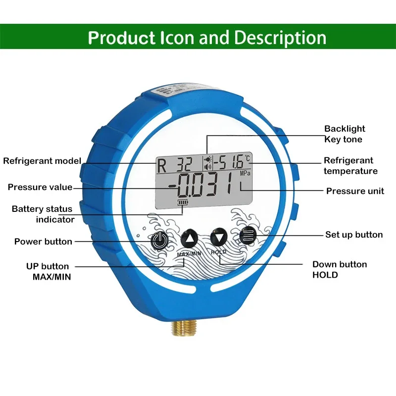 Pressure Gauge Refrigeration Digital Vacuum Pressure Manifold Tester Meter With sight glass and Hose HVAC Temperature Tester