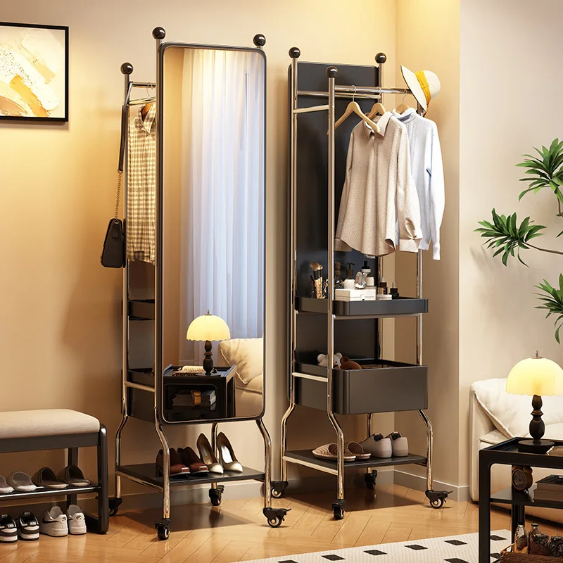 @Household solid wood floor-to-ceiling full-length mirror coat rack integrated multi-functional storage rack bedroom cloakroom