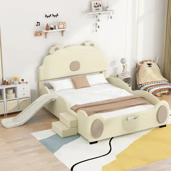 Cama de tamanho completo para crianças, estrutura de cama de plataforma estofada fofa com cabeceira em formato de leitão e escorregador para quarto de meninos e meninas