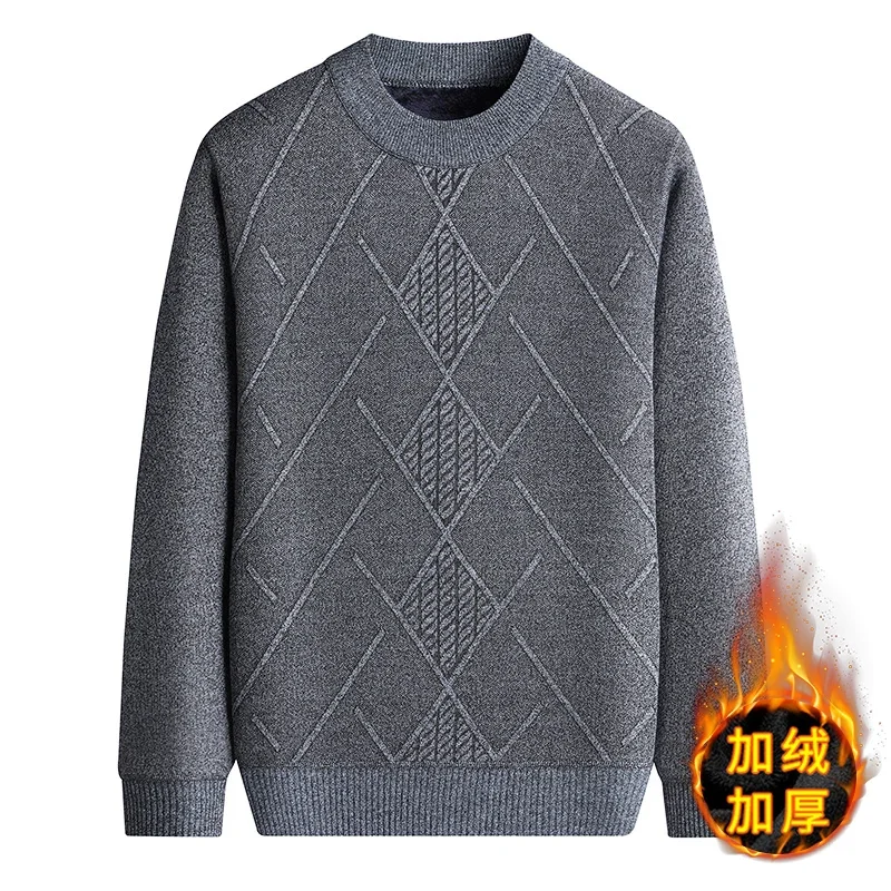 Regular Fit Male Fleece Lined Jumper Allover Rhombus Jacquard Crew Neck Home Travel Warm Knitted Long Sleeve Top