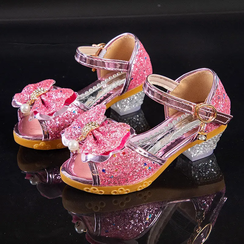 Girls Sandals Summer 2021  New Children\'s Princess Shoes Little Girls High-heeled Bow-knot Crystal Sandals Party Dress Wedding