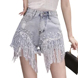 Summer Elegant  Female Casual Solid Shorts Jeans Lady Tassel Beading High Waist Wide Leg Denim Shorts