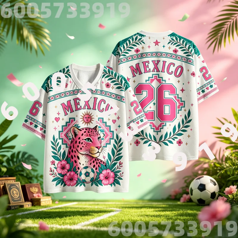 Camiseta de malla con estampado 3D de la Pantera Rosa Mexicana para niños y adultos, estilo jersey, transpirable, con contraste, estilo étnico, novedad 2026