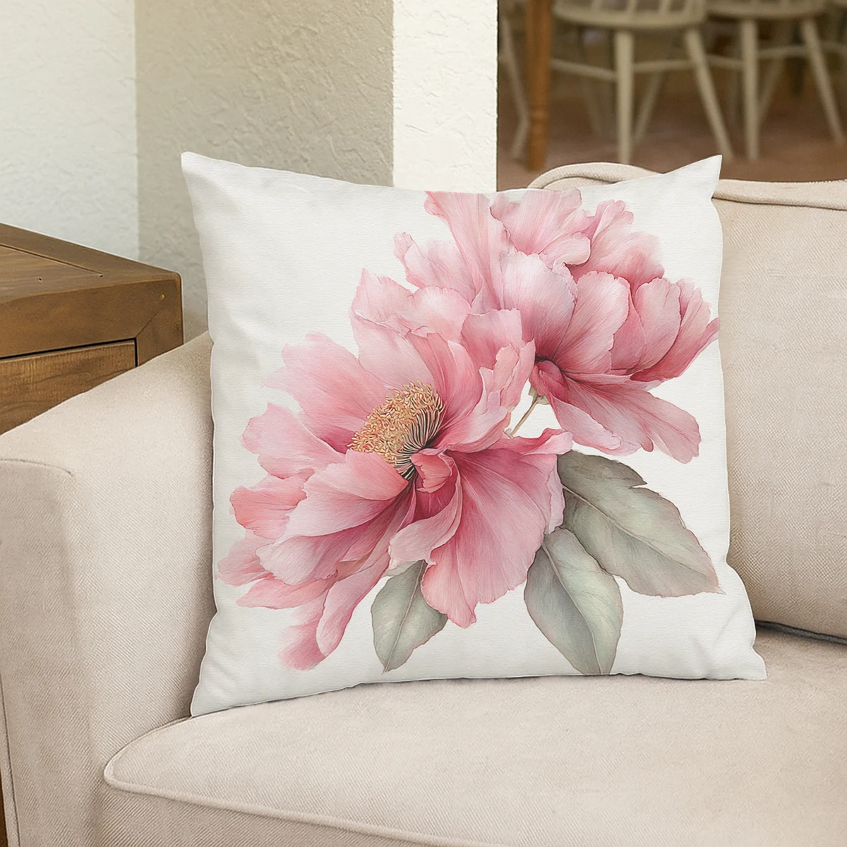 Elegant Peony Flower Pattern Polyester Pillow Cover - 2D Printed Decorative Cushion Case for Sofa, Bedroom & Living Room Decor