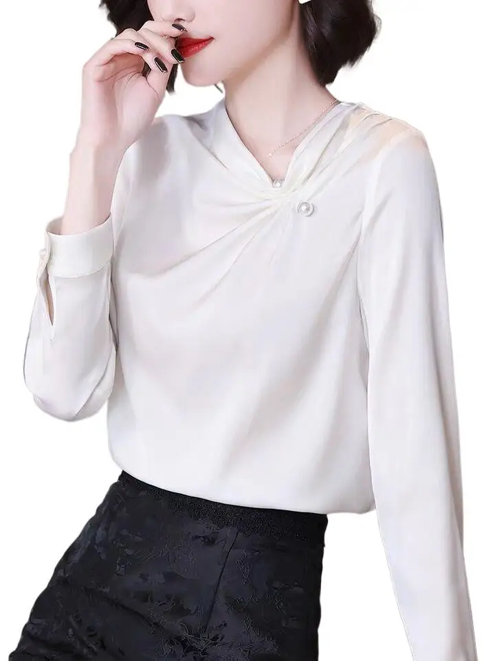 Primavera moda feminina elegante branco assimétrico acetato camisas de cetim, outono ol estilo blusa de seda artificial com broche de pérola