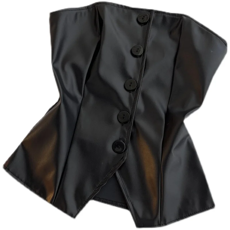 

Hong Kong Sle Faion PU Leather Crop Top Slim Fit Asymmetrical Single Button Sexy ort Vest Women's Busin Casual Wear