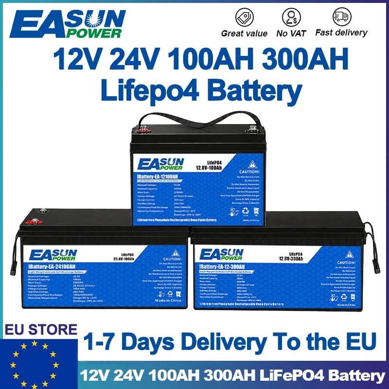 EASUN POWER 12V 24V LiFePO4 Batterij 100AH 300AH Lithium IJzer Fosfaat Batterijen voor Touring Cars, Solar RV Campers, EU Voorraad, Belastingvrij