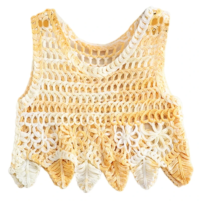 Bohemian Crewneck Crop Top for Women Hollowed Crocheted Beach Loose Vests