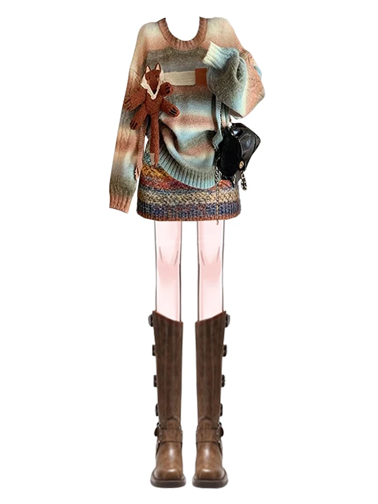 Set maglione invernale unico da donna College Sle Gonna ort a righe snellente Faionable Ensemble Gonna longuette a vita alta