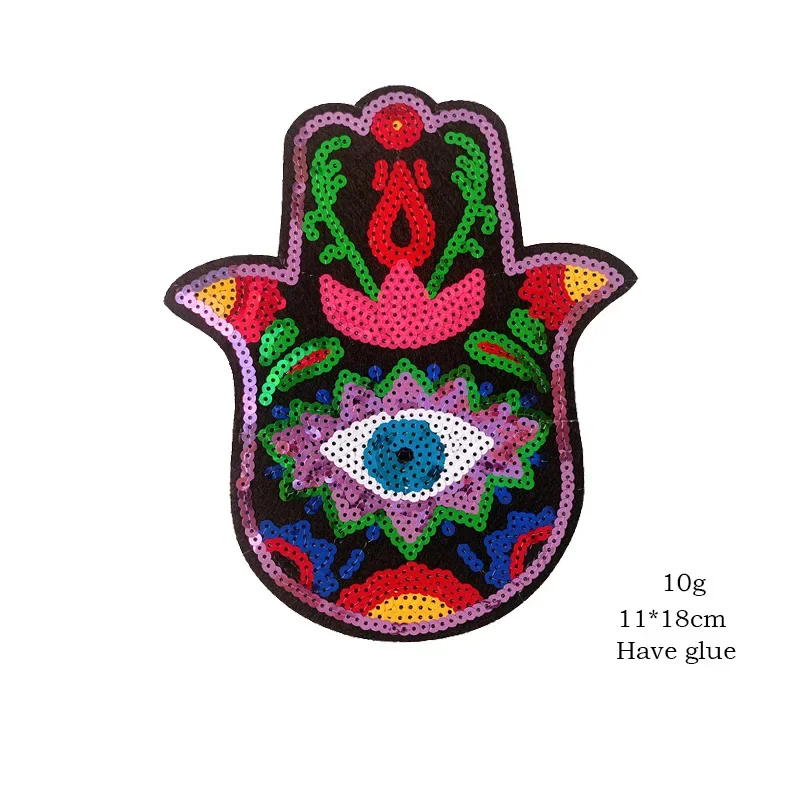 Hamsa Sequined Embroidery Iron on Patches Eye in Palm Jewish Emblem Back Patch for Clothing Hand of Fatima Talisman Appliques