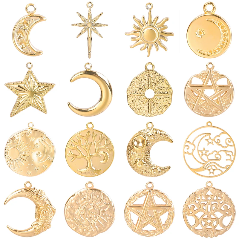 5pcs Multistyle Gold Color Star Moon Pendant Jewelry Making Supplies Stainless Steel Charms In Bulk Items DIY Tree Of Life Charm