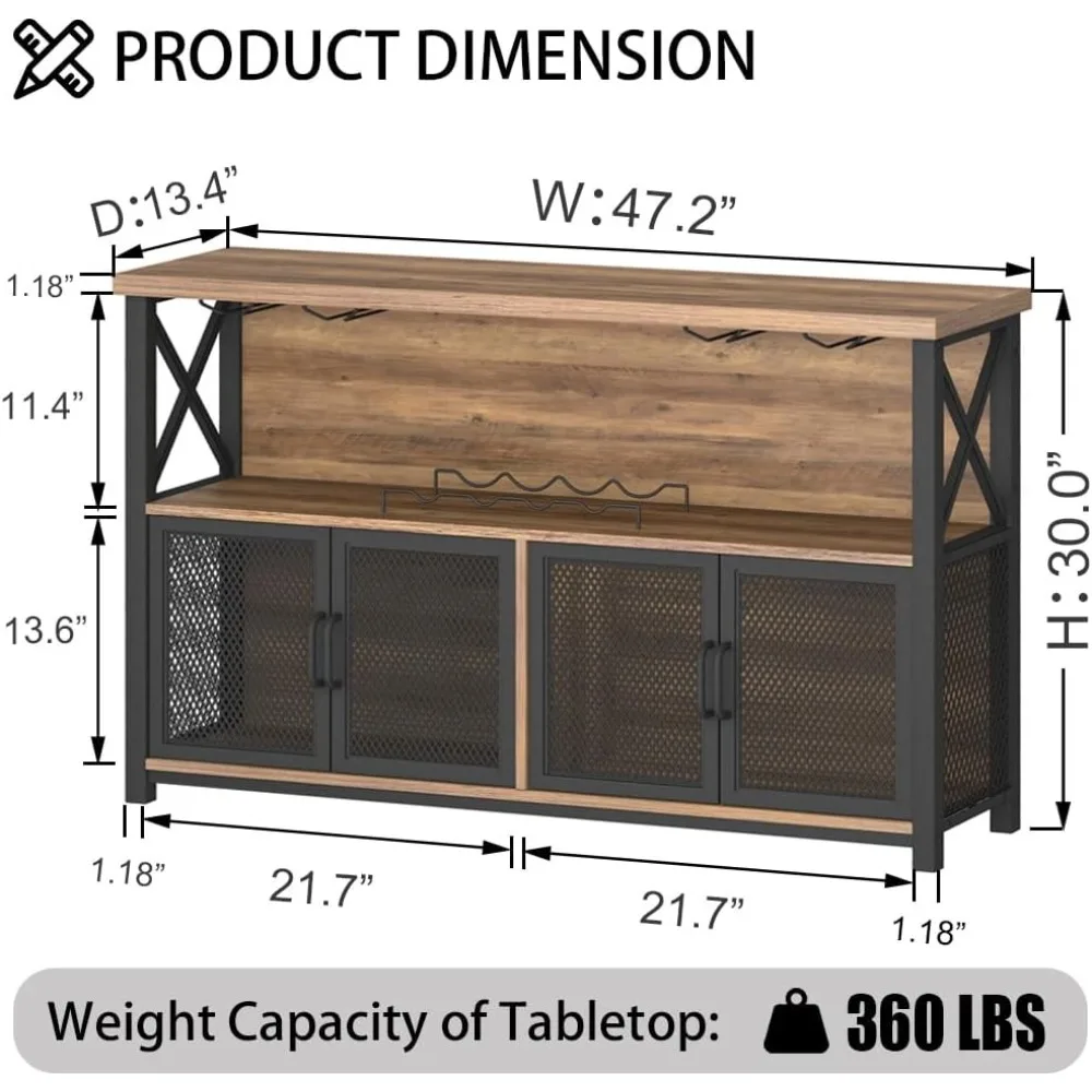 Wine Bar Cabinet, Industrial Sideboard Buffet/Coffee Bar Cabinet for Liquor and Glasses, Farmhouse Metal Wood Rack Cabinet