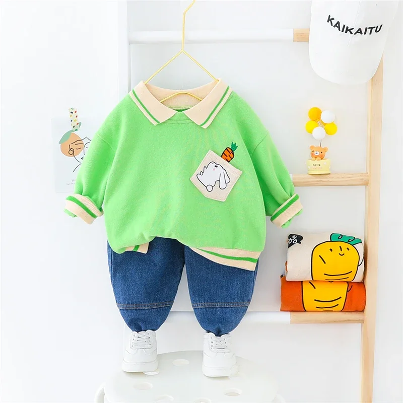 

Весенне-осенний комплект одежды для маленьких девочек и мальчиков, Детская футболка с длинным рукавом и джинсы, одежда для младенцев, детская повседневная одежда