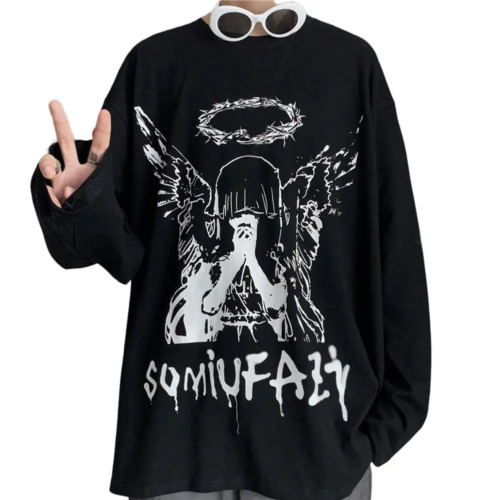 Men T-shirt Gothic Vintage Print Loose Fit Long Sleeve Round Neck Pullover Streetwear Soft Fabric Male Tee Top Bottoming Blouse