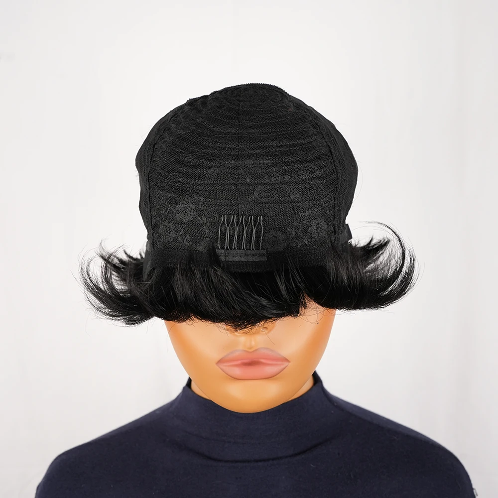 Peruki pixie cut dla czarnoskórych kobiet, krótkie peruki warstwowe, krótkie peruki z ludzkich włosów z grzywką, peruka wykonana w całości maszynowo.