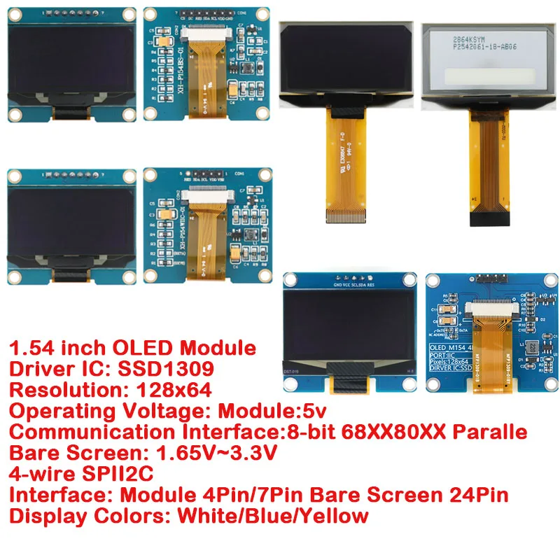 Módulo OLED de 1,54 pulgadas, pantalla LCD de 1,54 pulgadas, resolución de pantalla 12864 128x64, controlador SSD1309, interfaz IIC de 4 pines/7 pines, azul, blanco, amarillo