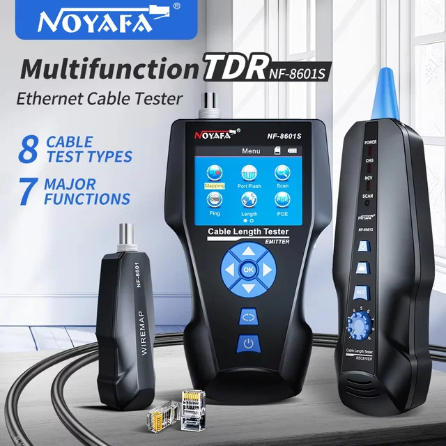 NOYAFA NF-8601S Tester kabli lokalizator kabli sieciowych z funkcją PoE/PING Lan Tester pomiaru długości Tester mapy przewodów