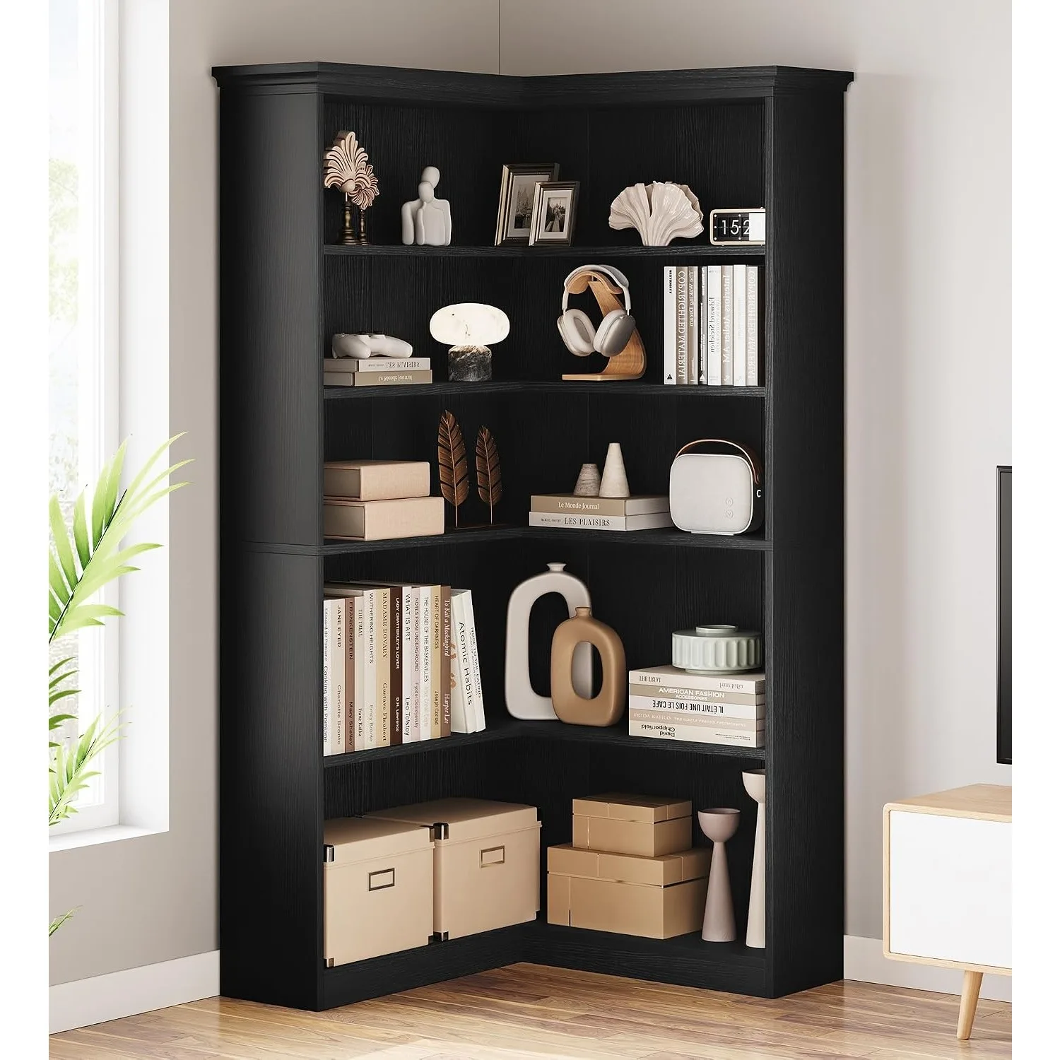 Corner Bookshelf 72.8in Farmhouse Bookcase Large Bookshelf Wood Bookcase Tall 5 Tier Corner Shelf L Shaped Bookshelfs Storage Display Rack Living Room Bedroom (Black Full Panel)