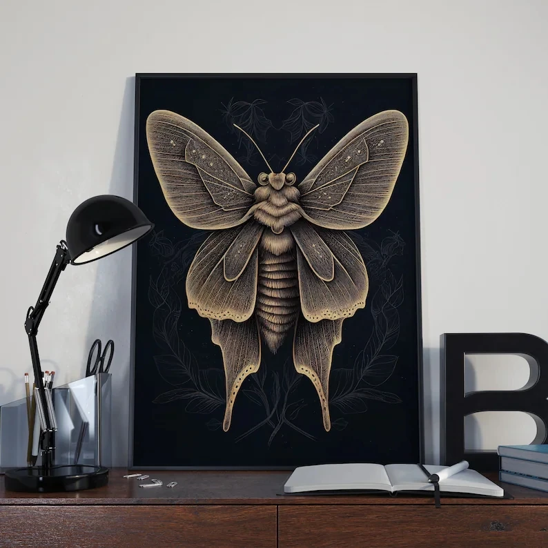 Vintage Dark Academia Insect Beetle And Golden Moth Poster Canvas Painting Wall Art Pictures Gothic Style Home School Decor