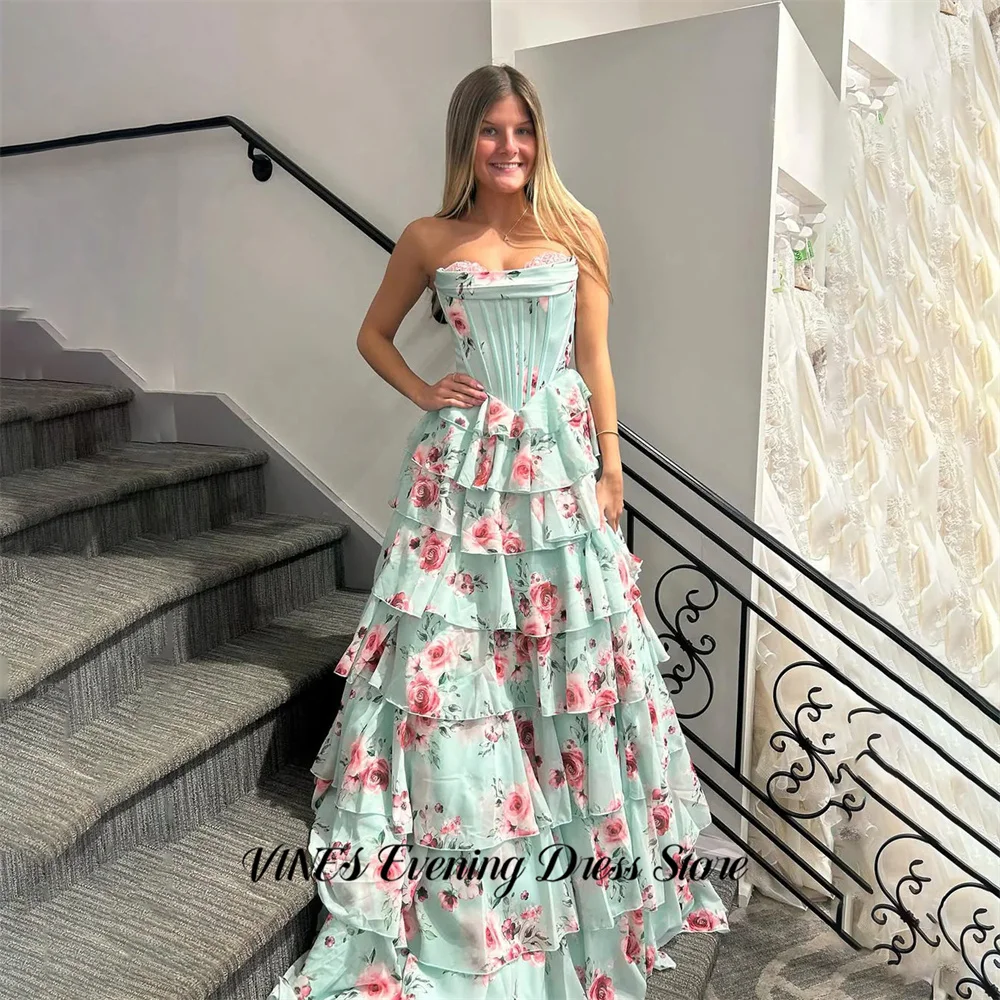 

VINES Mint Green Prom Dress Tiered Ruffle Celebrity Dress with Floral Print Women's Evening Dress A Line Formal Gown Customized