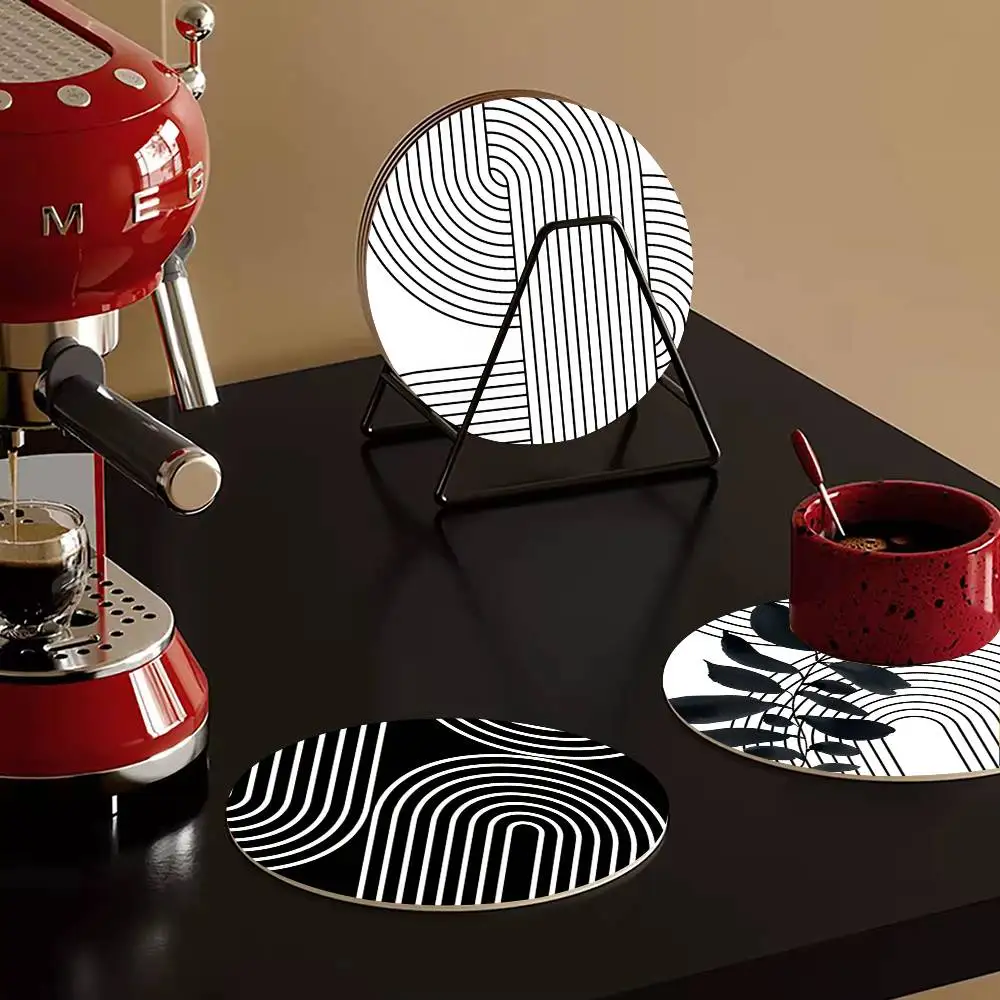 Black White Minimalist Lines Round Wooden Coasters Suitable 