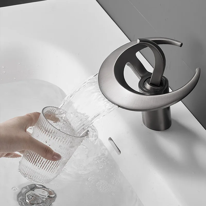 Full copper creative waterfall style Nordic art extremely simple wind cold and hot basin faucet bathroom basin Hot and cold dual