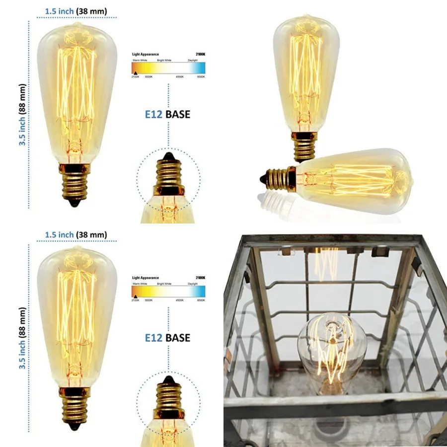 

Vintage Retro Edison Bulb, ST38, 40w, E12 Base Small,2-Pack