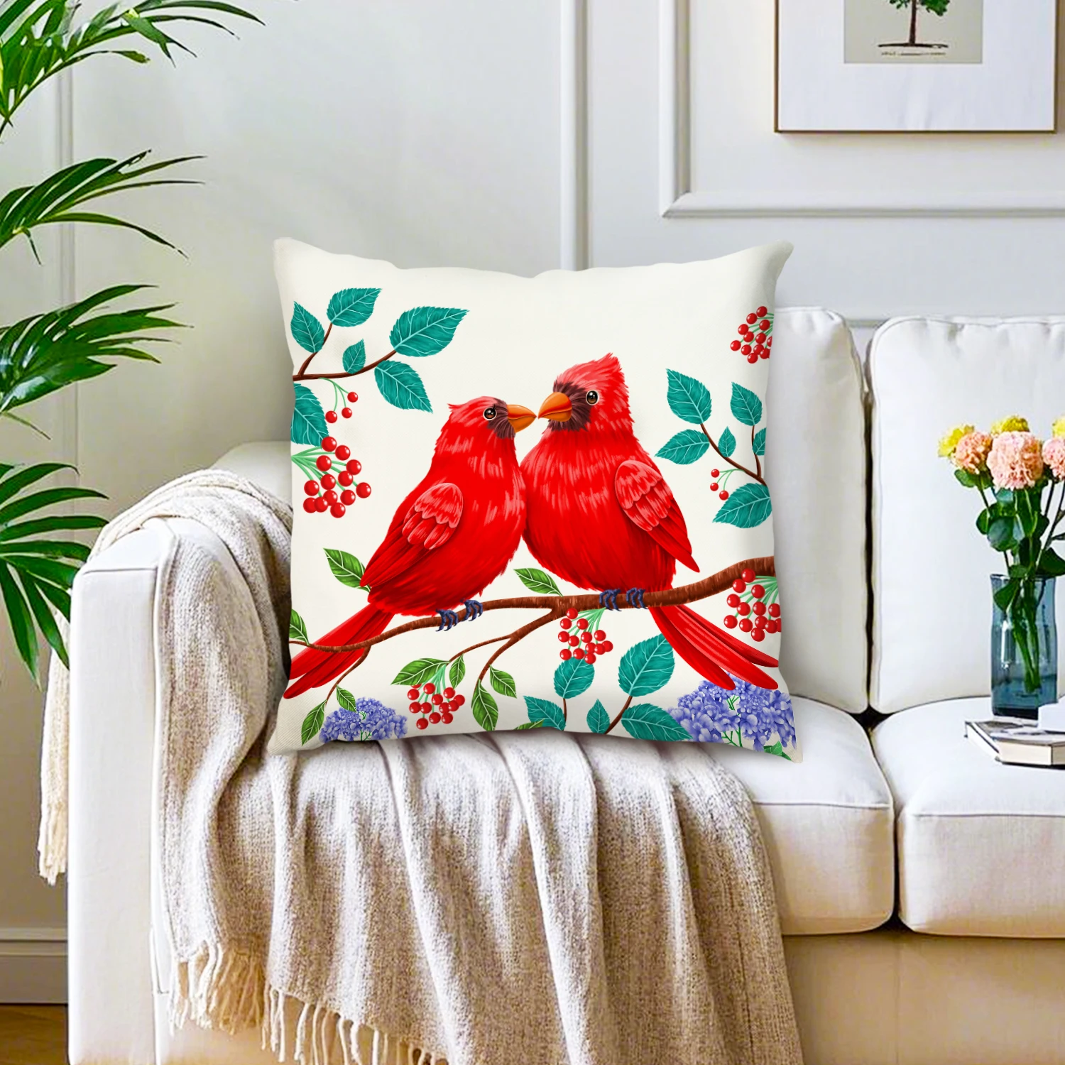 Red Cardinal Bird Couple Linen Cushion Cover Botanical Berry Floral Pillow Case Aesthetic Decor Home Living Room Bedroom Sofa