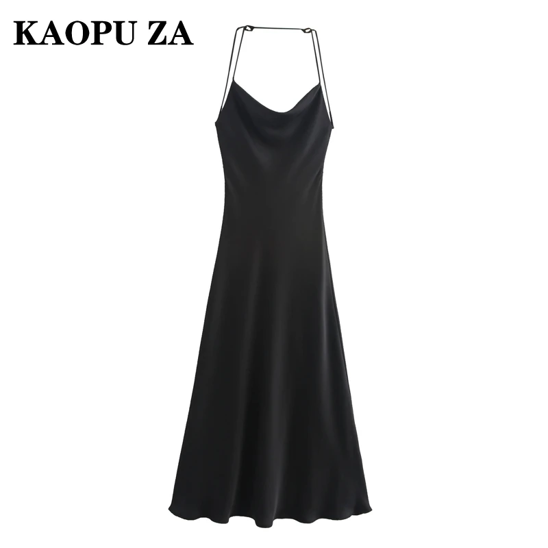 KAOPU ZA 2024 New Summer Women's Elegant Halter Neck Little Black Dress with Satin Texture Casual Evening Fashion Dress