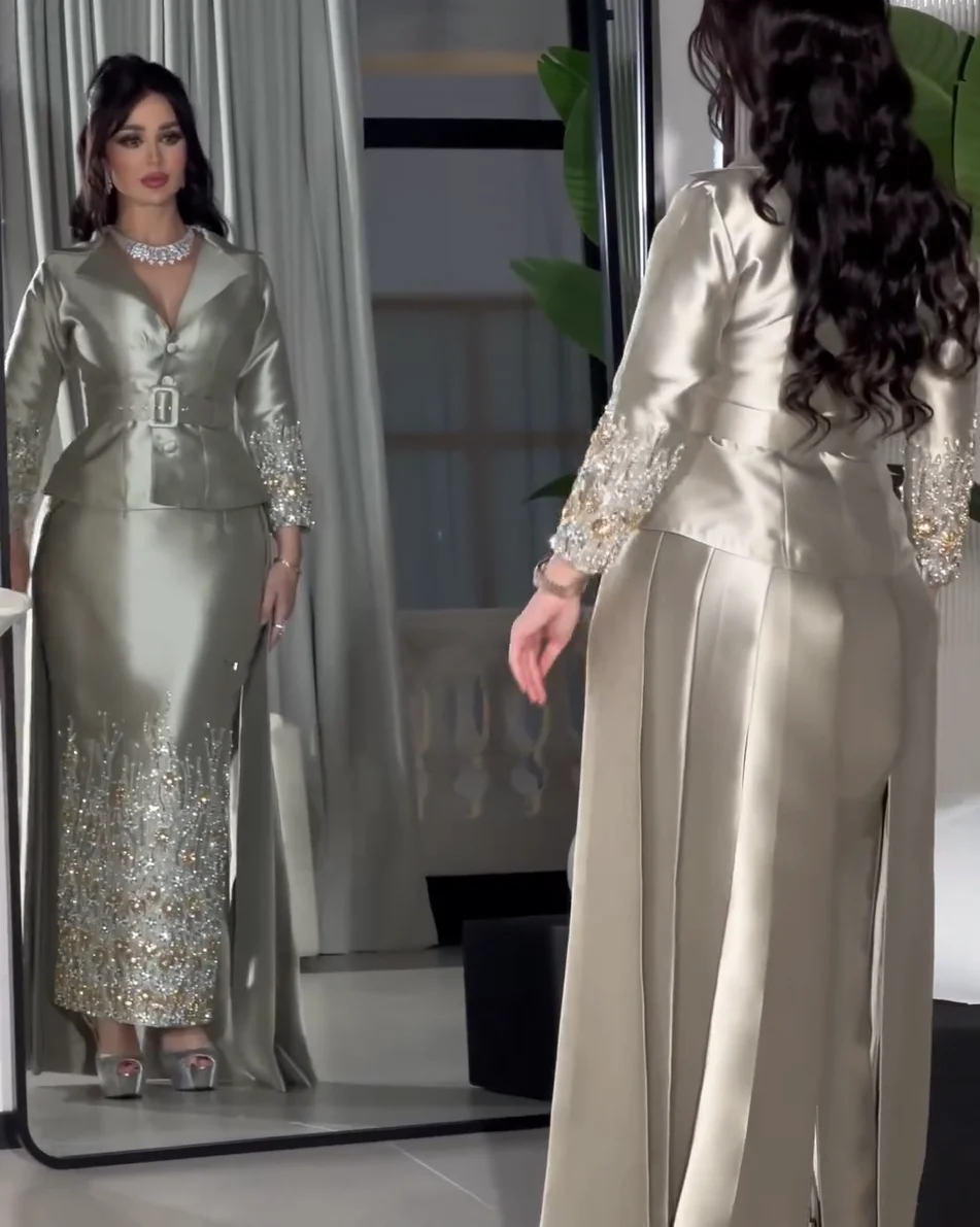 Silver Grey Sheath Prom Dresses Long for Women 2025 Beading Crystal Diamond Formal Evening Gowns Customized image 2