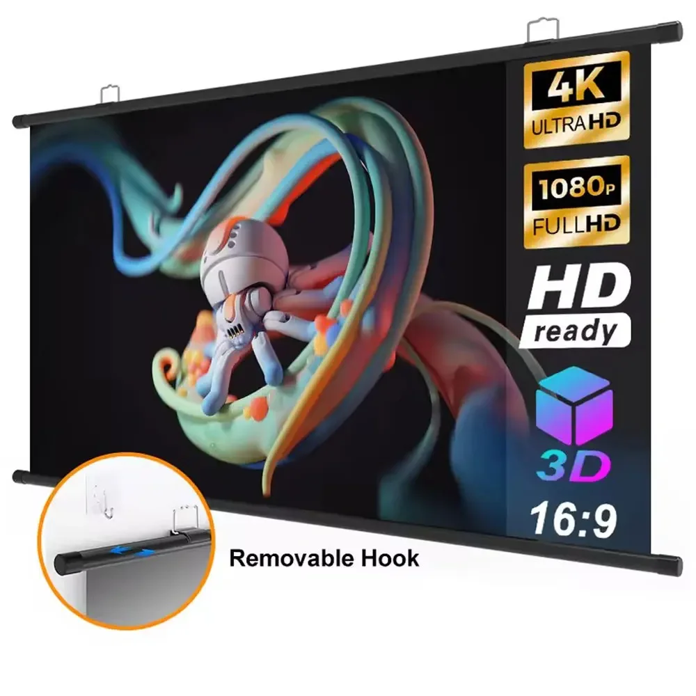 XMJM 60/72/84/100/120inch Thick HD Anti-Light Projector Screen 16:9 No-hole Wall-mounted Home Projection Screen