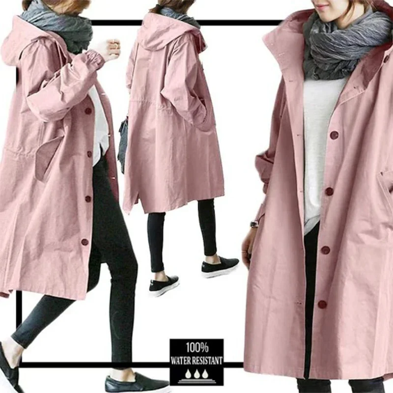 ผู้หญิงเสื้อ 2024 ฤดูใบไม้ร่วงสีทึบHooded Windbreaker Long Trench Coat Office Lady Casualแฟชั่นOuterwearเสื้อคลุมหญิง