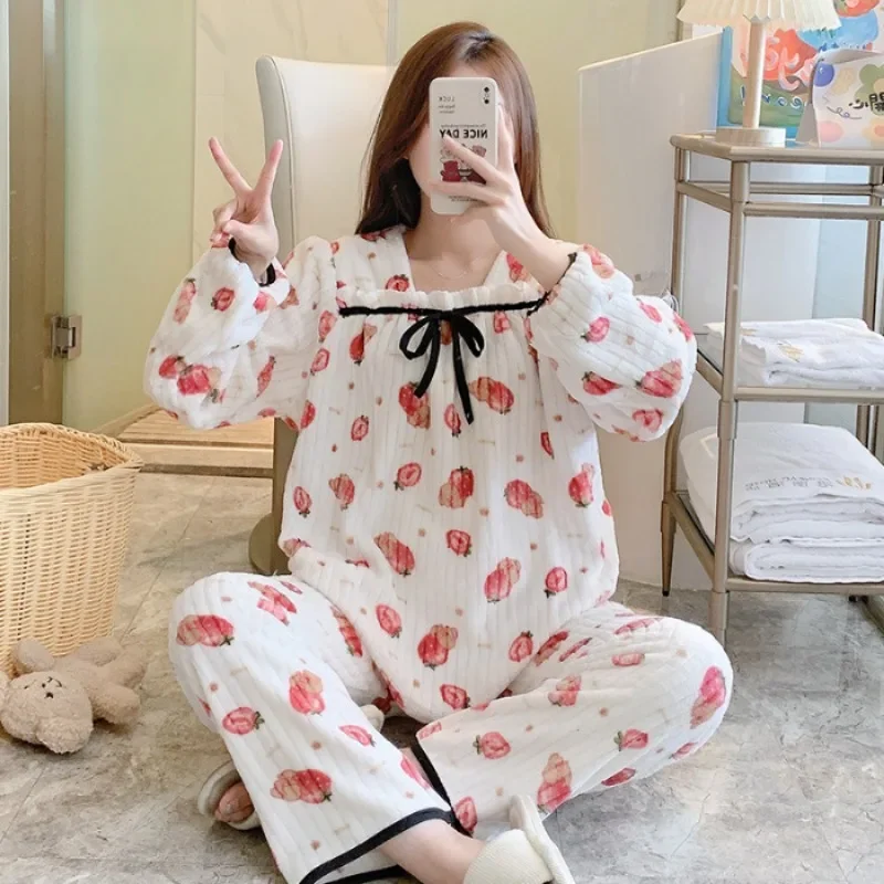 110kg Plus Size Soft Coral Fleece Pajamas Women Winter Thickened Furry Homewear Sweet Print Pullover Trouser Sleepwear Outerwear