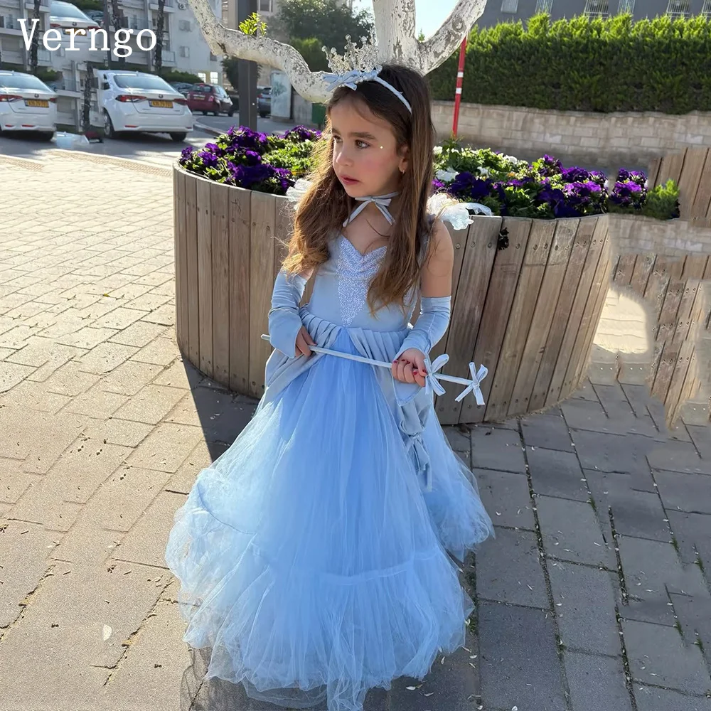 

Платье Verngo Princess из синего тюля с цветочным узором для девочек, бальное платье А-силуэта с завязками на шее, элегантное детское платье на день рождения с кружевной отделкой, на заказ