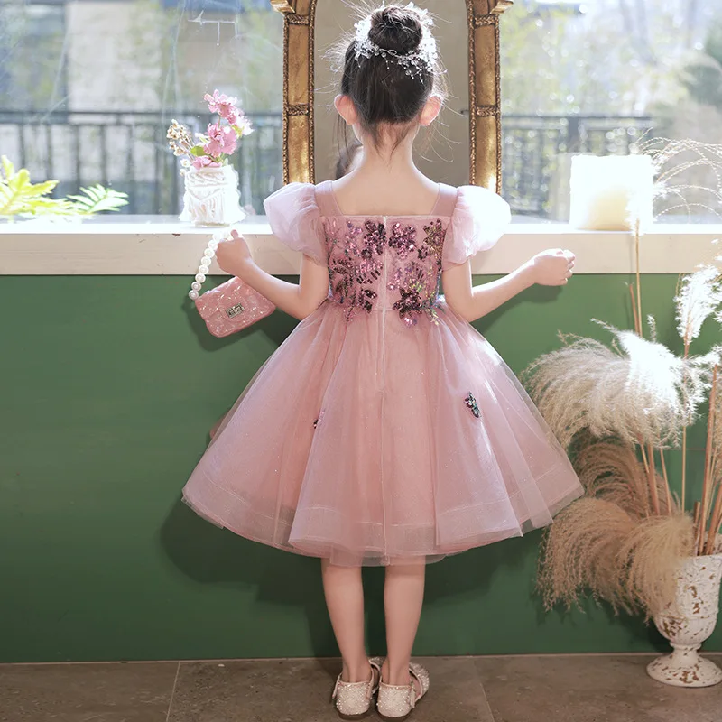 2024 luxury Girls V-neck Pink Flower Fairy Children Princess tutu Wedding Gown Kids Dresses baby infant Birthday Party Dress