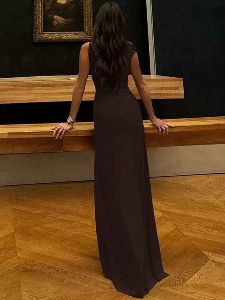 ไหล่เอียงBacklessเซ็กซี่Maxiชุดผู้หญิงชุดแฟชั่นแขนกุดดูผ่านDrapedคลับชุดยาวElegant