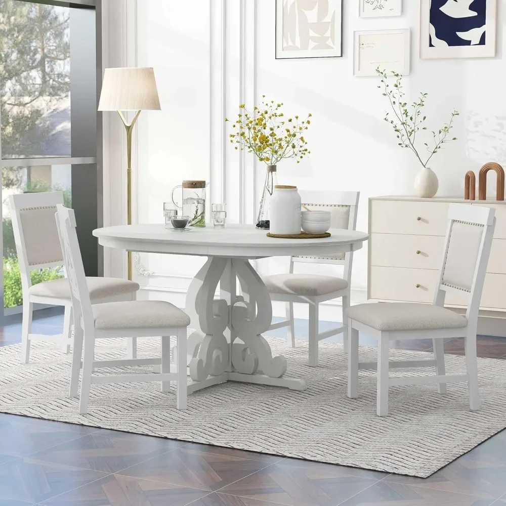 

5 Piece Dining Table Set with An Extendable Round Tables and 4 Upholstered Chairs, Solid Wood Retro Kitchen Table Set