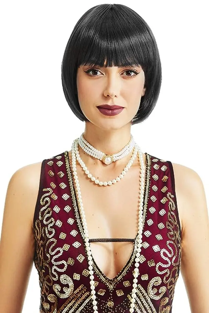 1920s Flapper Short Wig Great Gatsby Bobo Wig Black Straight Wig Flapper Costume Hair Wigs Accessory