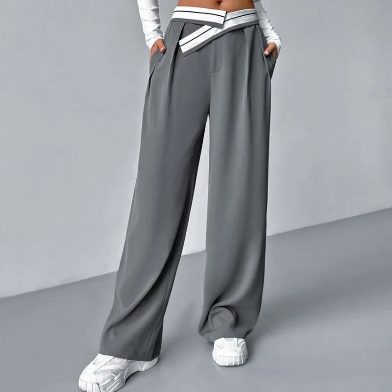 Pantalon décontracté gris pour femmes, coupe droite, taille haute, style décontracté, printemps 2024, nouvelle collection