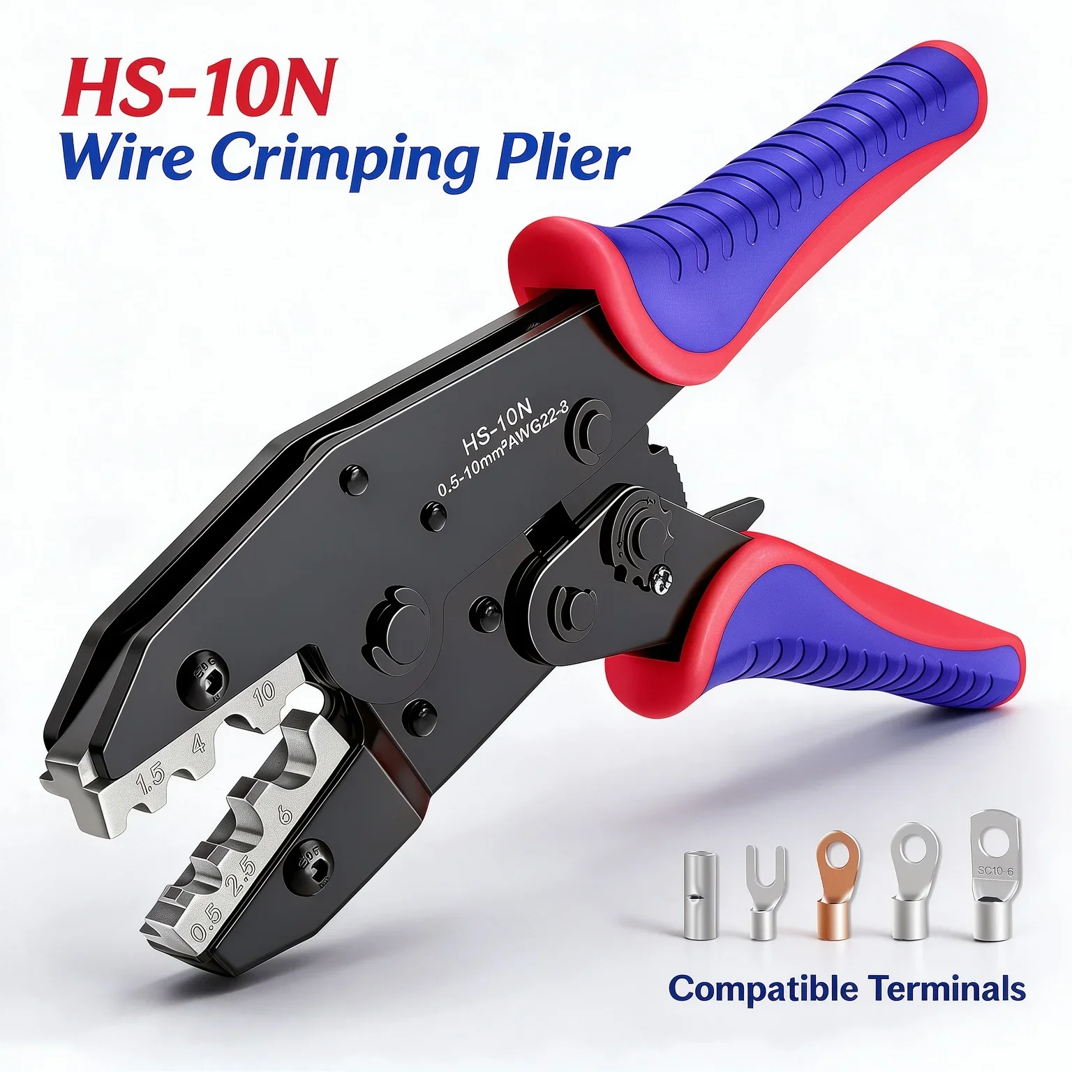 HS-10N Ratchet Crimping Pliers 0.5-10mm² AWG22-8 Wire Crimper for Non-Insulated OT UT SC C45 Terminals Electrician Wiring Tool