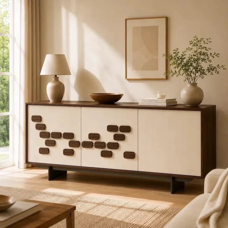 Modern Wooden Side Cabinet with Decorative Recessed Doors and Ample Storage Space for Living Room or Bedroom Organization