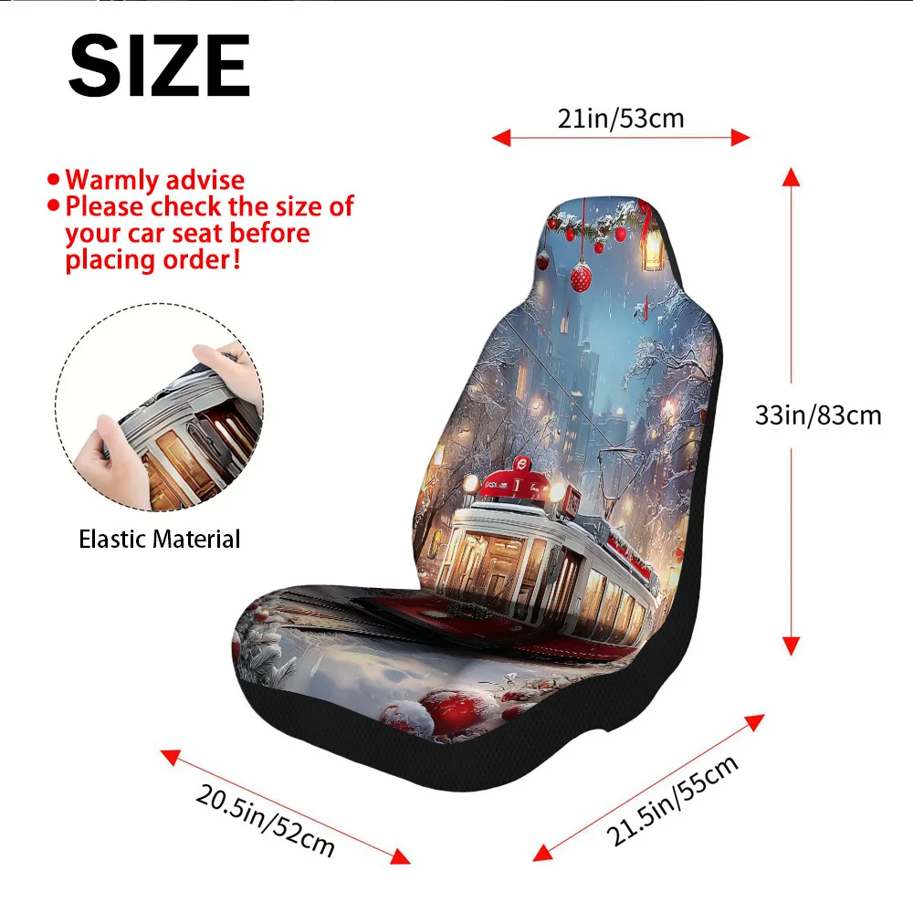 2pcs, Winter Tram Christmas Snowy Scene Pattern Car Seat Covers, Soft And Comfortable, Fit For Front Seats, Perfect For Family