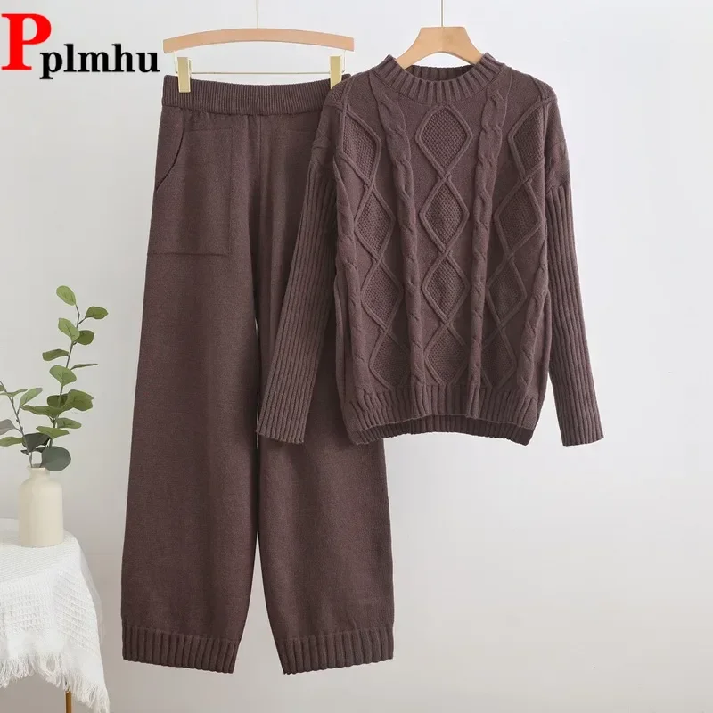 

Women O-neck Knitwears Sweater Pullover Tops Conjuntos Korean High Waist Straight Pants Outfit Candy Color Knitted 2 Piece Sets