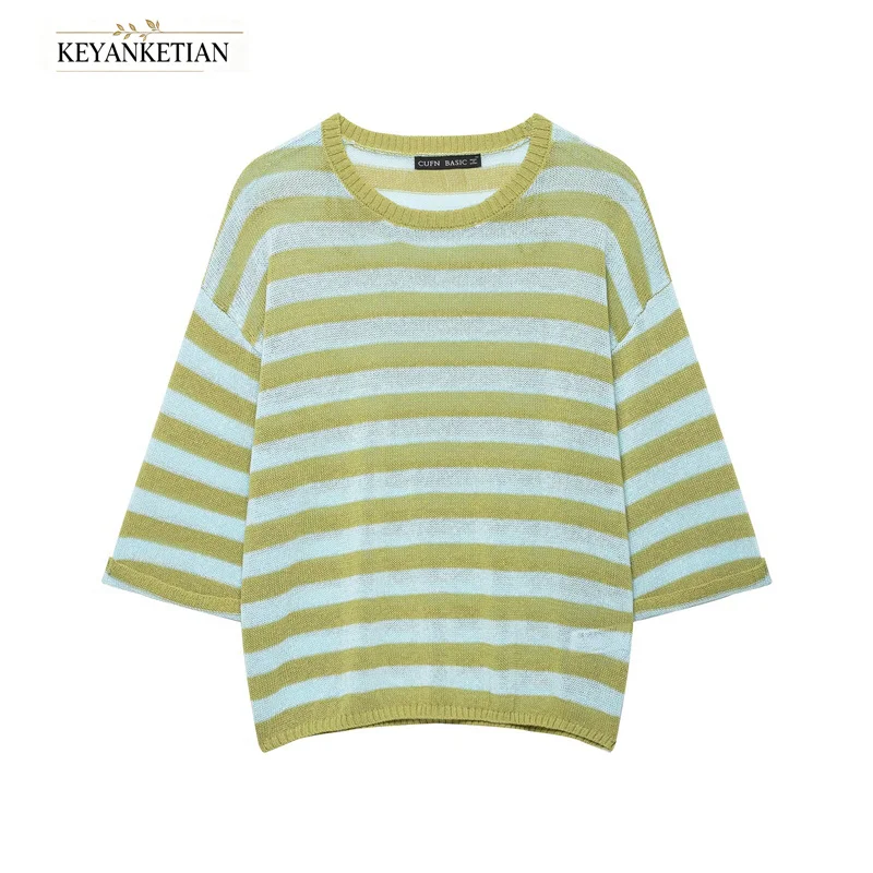 

KEYANKETIAN 2026 Casual Sheer Knit Blouse Round Neck 3/4 Sleeve Green Blue Striped Loose Fit Breathable Short Cover Top