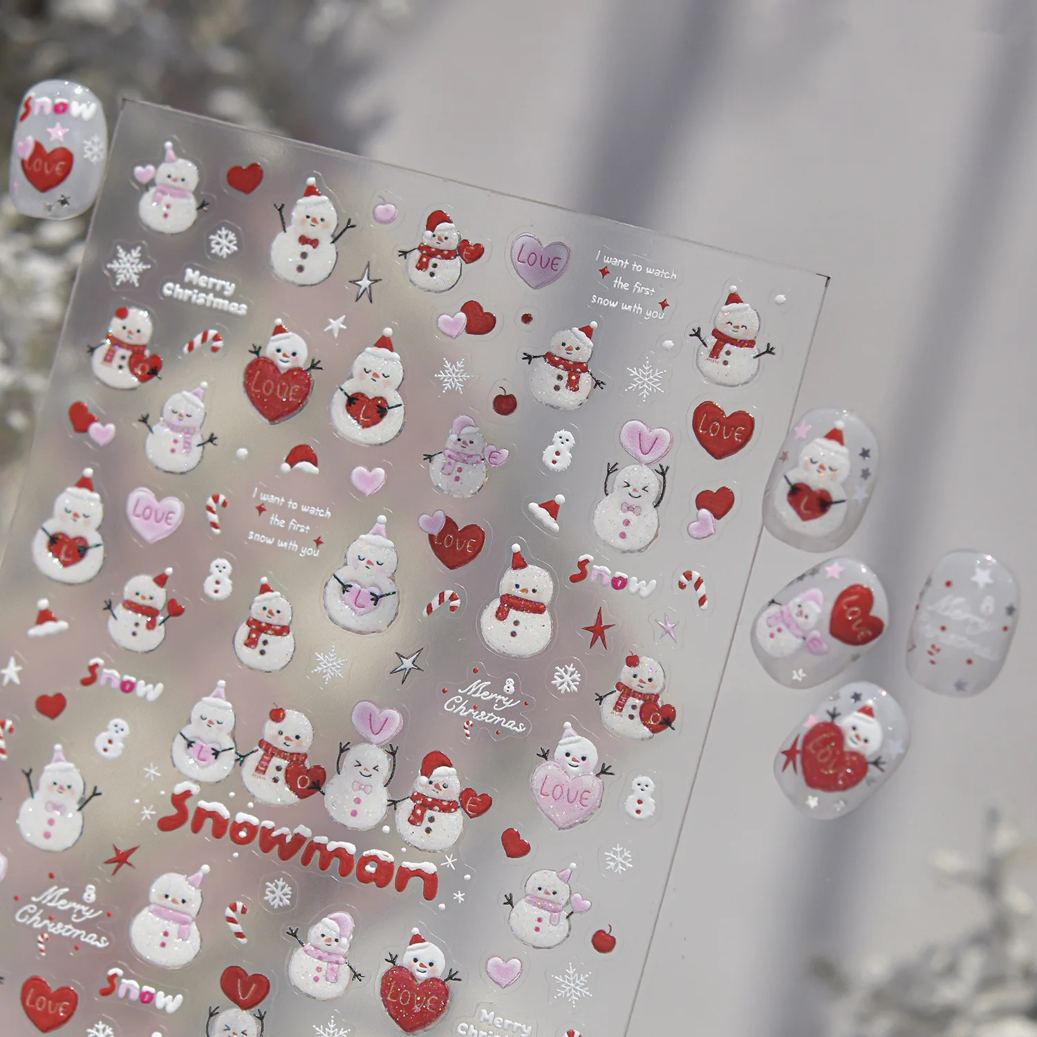 Kawaii Schneemann Nagelaufkleber 5D Blinkender Glitzer Roter Hut Schneemann Herz Schneeflocke Zuckerstange Nagelsticker Winter Nagelkunst Deko