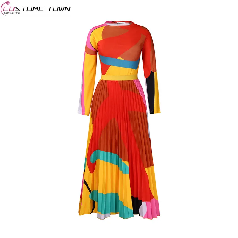 

Autumn European and American style new pleated printed color blocked long sleeved top+fashionable half skirt two-piece set