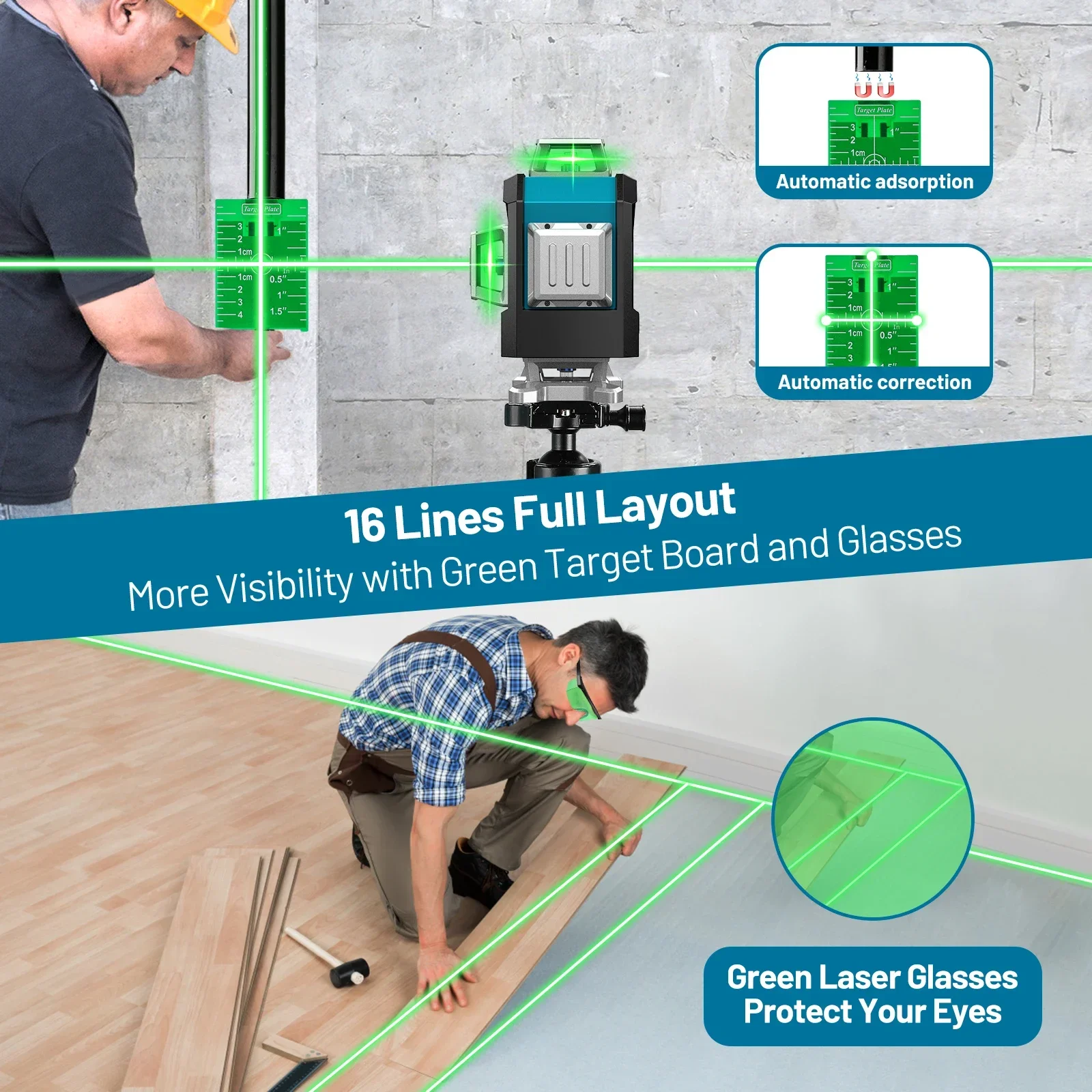 Imagem -03 - Nível Laser Verde com Controle Remoto Linhas 4d 16 Feixe Verde 360 Nivelamento Horizontal e Vertical de Quatro Aviões Bateria 5600mah