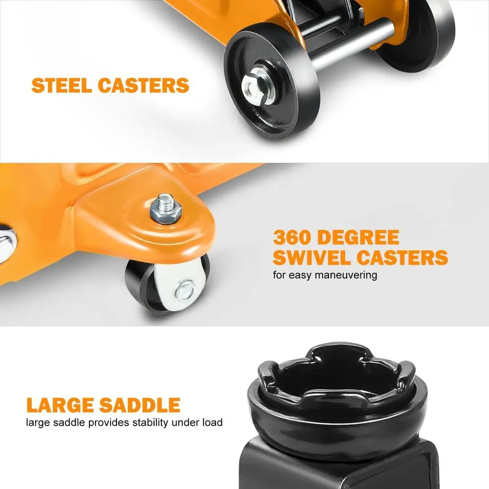 2톤 용량 저프로파일 유압 플로어 잭, 5.1-13 리프팅 범위, 오렌지색